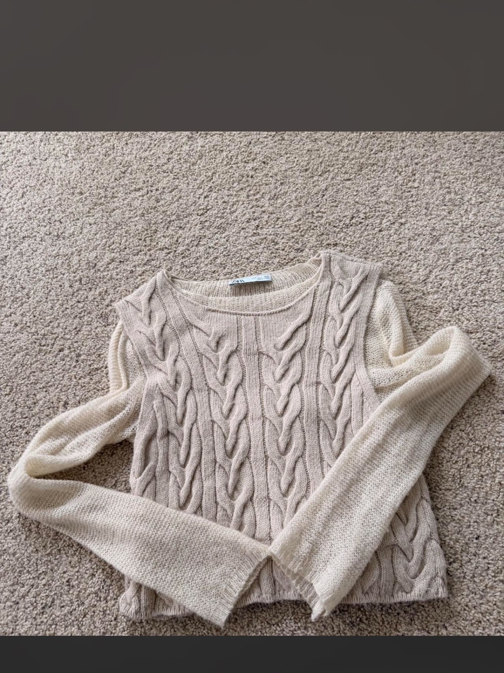 Zara Cream Cable-Knit Crew Neck Sweater